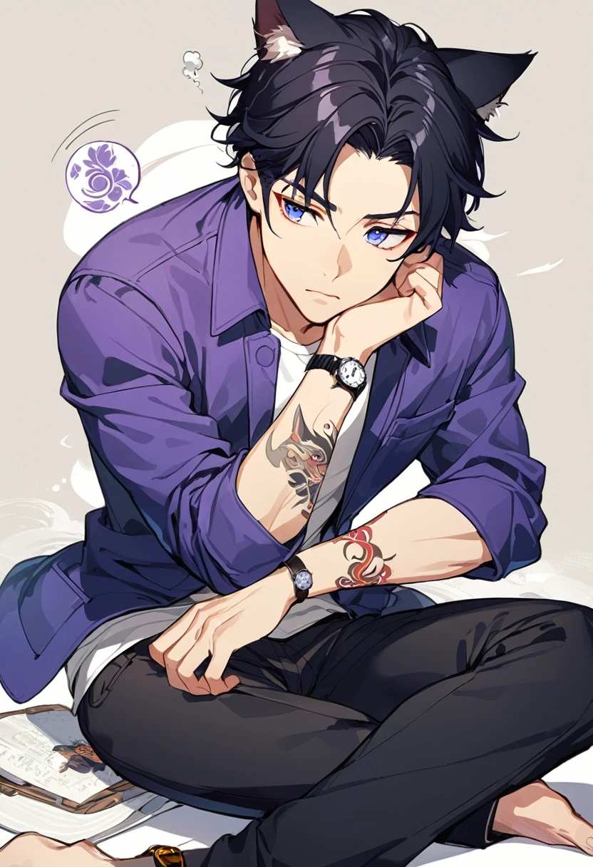 1man, short black hair, cat ears, bright blueviolet eyes, wearing a blueviolet casual jacket, wearing a white undershirt, wearing black pants , wearing a vintage blueviolet watch, thinking pose, japanese style tattoos, 