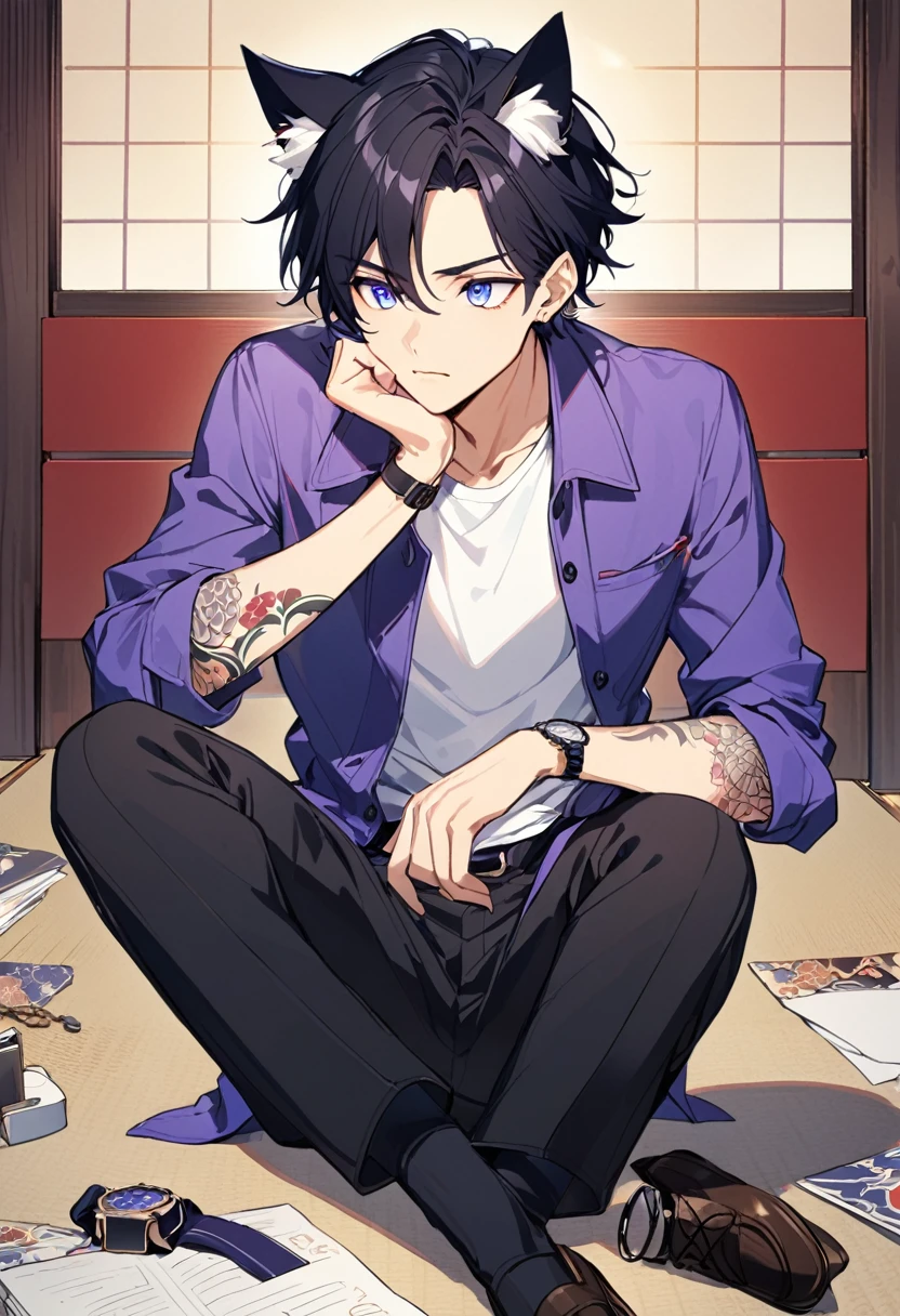 1man, short black hair, cat ears, bright blueviolet eyes, wearing a blueviolet casual jacket, wearing a white undershirt, wearing black pants , wearing a vintage blueviolet watch, thinking pose, japanese style tattoos, 