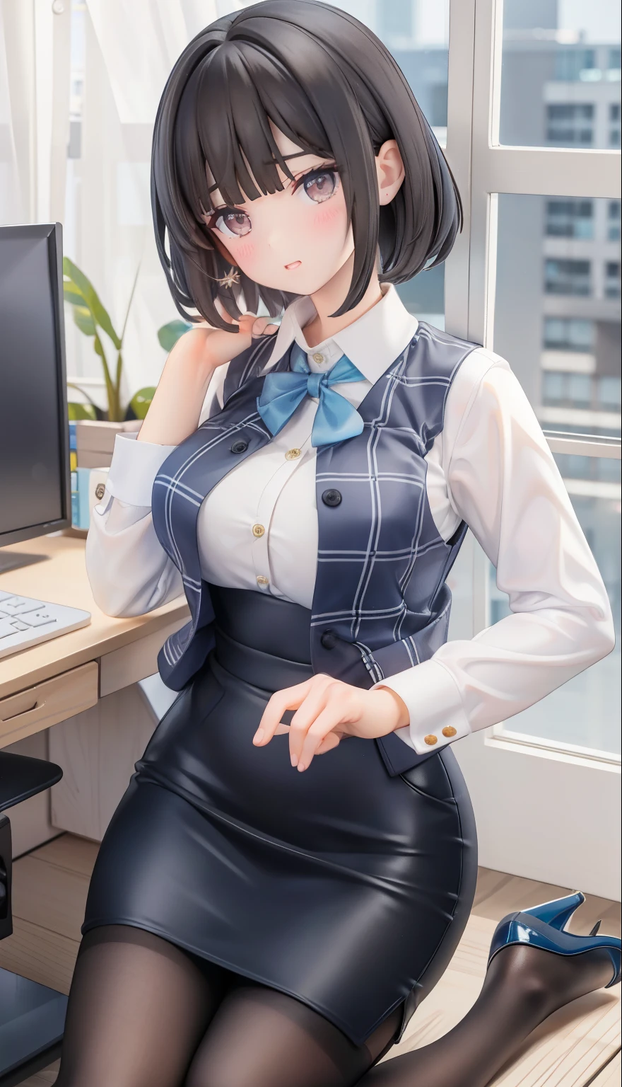 highest quality, Flying debris、Beautiful woman、officeレディー、Black Hair、(Brown eyes、Big Breasts、Blunt bangs)、short hair、チェック柄のダークブルーのofficeスーツ)、new employee,Full Body Shot、Female office lady、break(Dark blue checked vest、White dress shirt、Navy blue long tight pencil skirt:1.2)、(Black Knee High、High heels)、break(office:1.3)、Cleavage、Shirt buttons fly off、garter belt