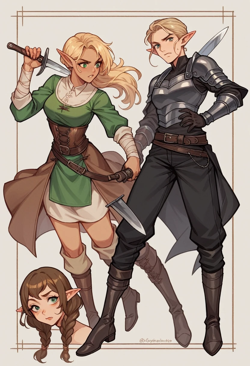 The 16-year-old elf heroine has striking blonde hair that is gathered into a short tousled hairstyle around her face. Her slim build gives her a flexible and agile look. She is dressed in the rough dark clothes of a medieval fantasy highwayman complete with protective black leather armor. The gleam of throwing knives strapped to her belt.