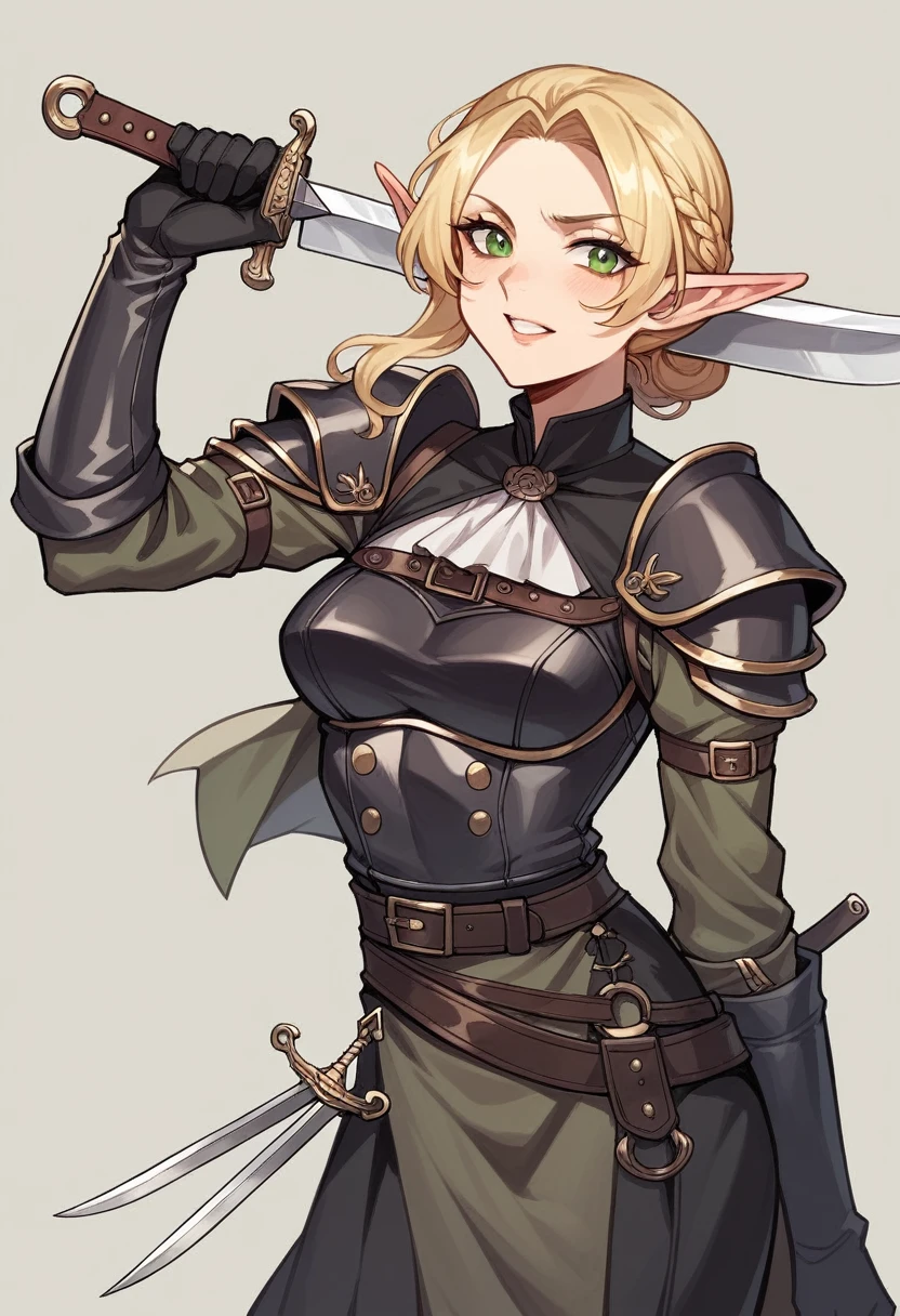 The 16-year-old elf heroine has striking blonde hair that is gathered into a short tousled hairstyle around her face. Her slim build gives her a flexible and agile look. She is dressed in the rough dark clothes of a medieval fantasy highwayman complete with protective black leather armor. The gleam of throwing knives strapped to her belt.