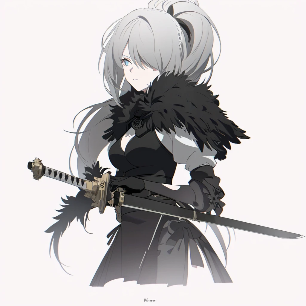 Close-up of a woman in a black and white outfit holding a sword, concept art, inspired by Krenz Kuschart, winner of the pixiv competition, What's it?, Nier autoamata, 2b Nier automata, Nier : inspired by machine guns, Nier:inspired by machine guns, Nier 2 b, Nier, Nier automata concept artsyle, pale black armor