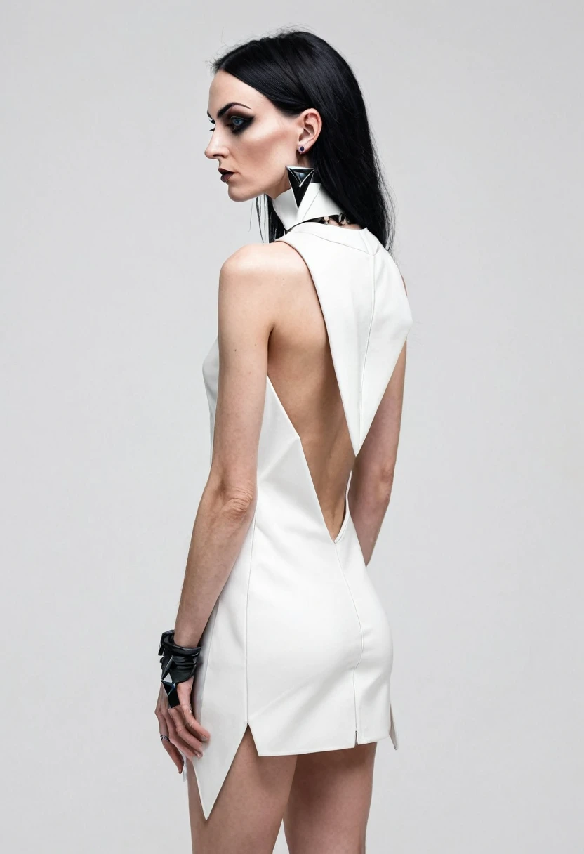 SLIM 40 years old woman, , small ass, black long hair, wearing white cyberpunk MINIDRESS with triangular forms, in a white background, black nails, triangular necklace, triangular earrings, showing vagina