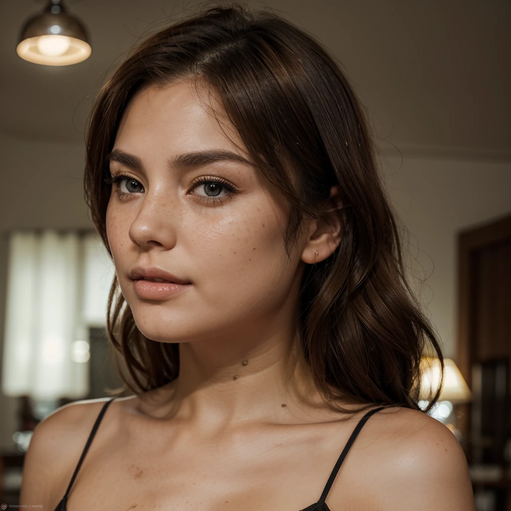 Create a very realistic and beautiful model with the following detailed features: Gender: Female, Age: Young adult (approximately 20-25 years old), Hair: Long, wavy and reddish with a natural shine, gently cascading around the shoulders and back back. . . . . . . . , Eyes: Bright green with a captivating, slightly almond-shaped look, detailed with natural highlights, Skin: Fair complexion with a light texture, including natural freckles on the nose and cheeks, giving a youthful and vibrant appearance: Fair complexion with a light texture, including natural freckles on the nose and cheeks, giving a youthful and lively appearance, Face: with a smooth and natural contour, soft, full lips with a slight pinkish tint and a slightly delicate upturned nose, Expression : a naughty face, with a touch of mischief, which conveys warmth and approachability, Clothing: bright black lace corset, sexy and detailed, naughty and delicate, Context: in a completely (dark: 1.1) open room with lighting ( only: 1.1) (soft (volumetric: 1.1) (chiaroscuro: 1.2) of a large softbox directly above and in front of it: 1) (volumetric: 1.1) (light: 1.1) minimalist and slightly blurred for keep the focus on the model, such as a comfortable, well-lit room, neutral-toned room, Pose: a relaxed, confident posture, arms slightly at the sides of the body or face facing the camera. open legs, pussy, extremely hyper aesthetic, Unsplash, Neoclassicism, Complex background, Best quality, hyper detailed, Gratty Sita, 64K, Light design