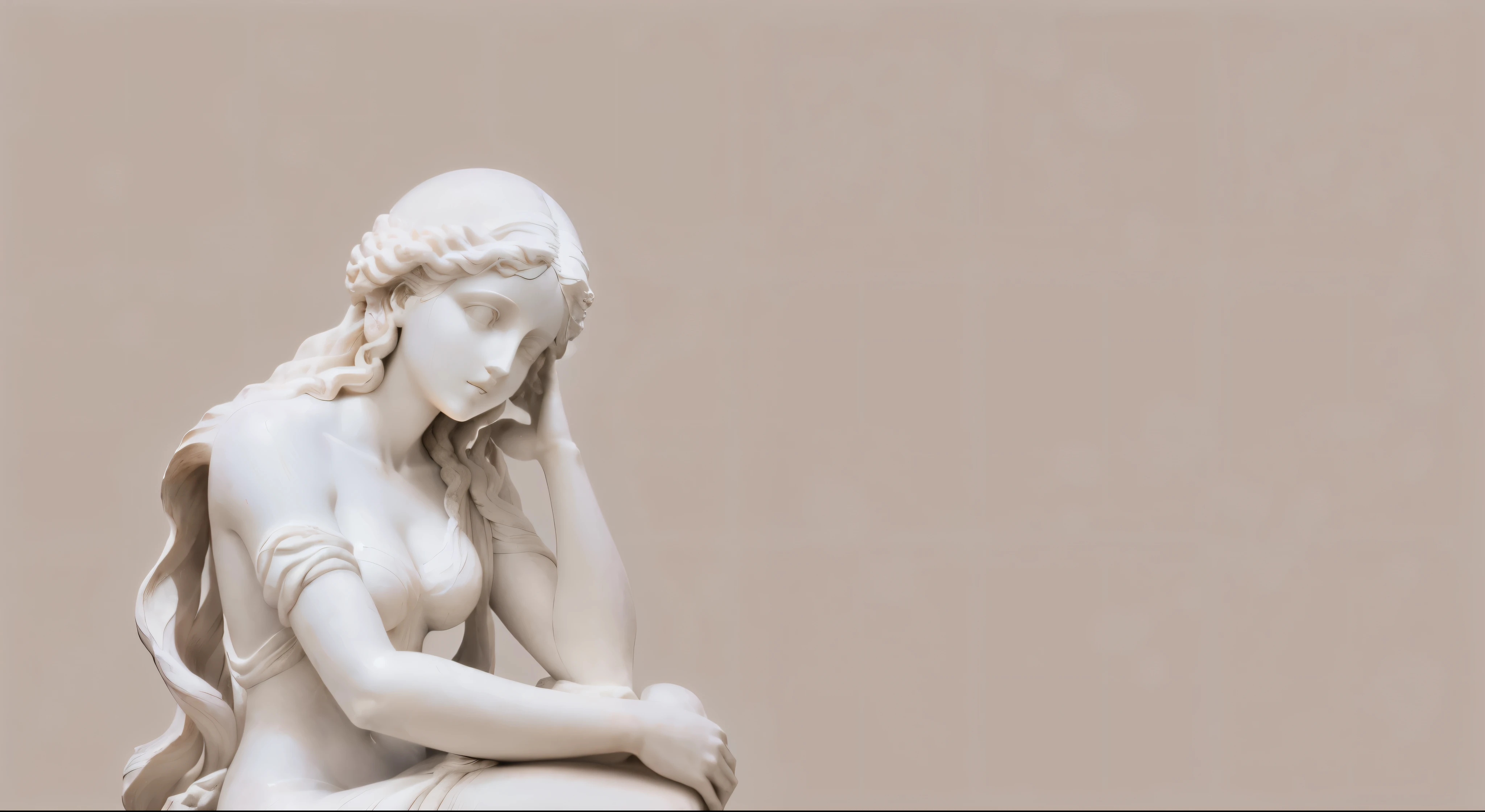 Marble statue of Aphrodite in a thinks pose on a pastel background