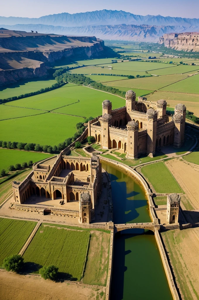 /imagine prompt: Comic book, birds eye view, ancient city, fields, horses, valleys, camels, cows, flowing streams,rich agriculture, grand houses, temple, mountains, extravagant palaces, lofty towers --ar 16:9 --q 1