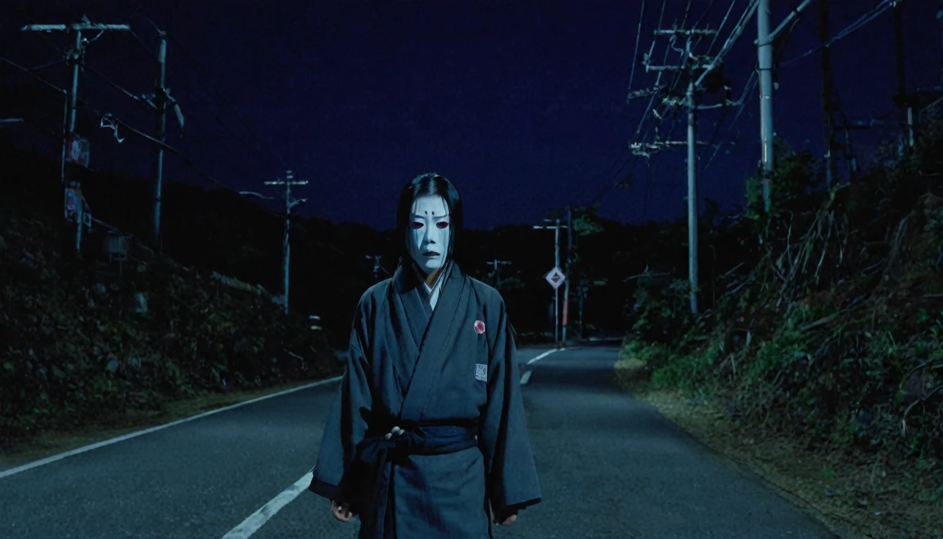 Create a digital artwork depicting Kuchisake-onna running after a human at night. Show Kuchisake-onna in full body, with her long, dark hair flowing behind her, her mouth exposed, revealing her gruesome, slit smile, and a menacing expression. The human should be shown from the back, mid-run, clearly terrified. The setting should be a dark, dimly lit urban street or alleyway, with streetlights casting long shadows and adding to the eerie atmosphere. Use a dark and moody color palette to enhance the sense of fear and urgency. The overall composition should capture the intense and frightening chase scene."