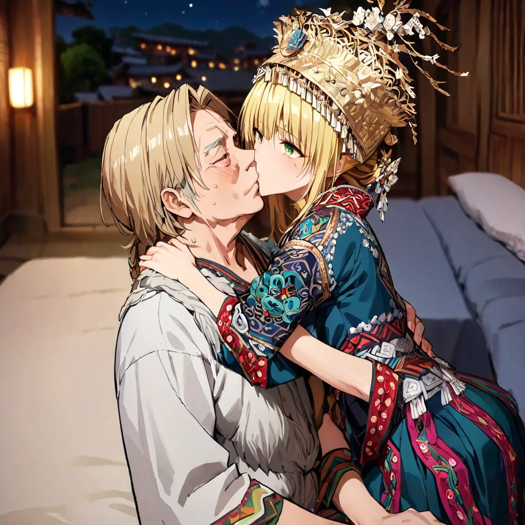 ((Highest quality)), ((masterpiece)), (detailed), （Perfect Face）、The woman is a Tier, with green eyes, medium blonde hair, ethnic medicine and a gorgeous hat.、In the bedroom, the woman embraces an old man dressed in ethnic clothing, kisses him deeply, and has sex.、The whole body is in the frame