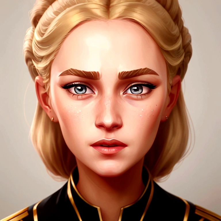 A close-up portrait of Anna Taylor, a beautiful blonde woman with an expression of surprise. The focus is on her wide, expressive eyes that convey a sense of wonder and astonishment. Her delicate facial features, including her flawless skin, full lips, and arched eyebrows, are rendered in exquisite detail, further emphasizing the intensity and emotion of her surprised expression.