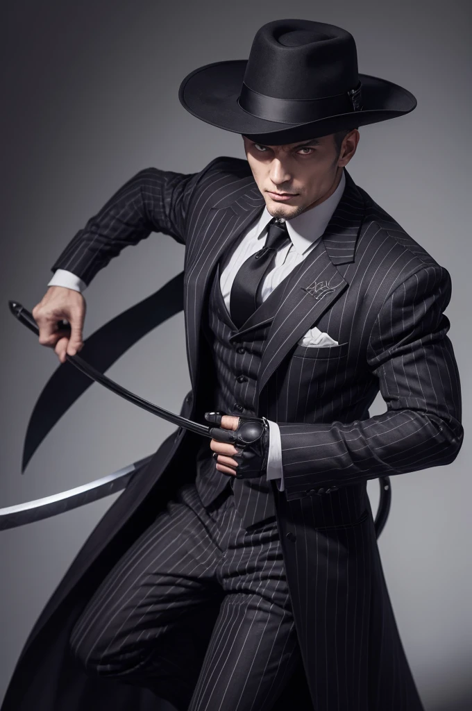 Demon in a pinstripe overcoat is a hat is a sword