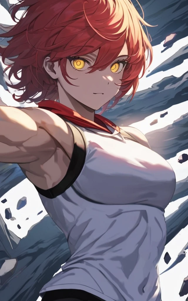 a beautiful anime girl with short red hair, yellow eyes, a toned six pack body, wearing a tight white gym outsit, vibrant colors, detailed, dynamic composition, (best quality,4k),beautiful detailed eyes,muscular body,fit athletic,lighting,vibrant colors,dynamic composition,high quality