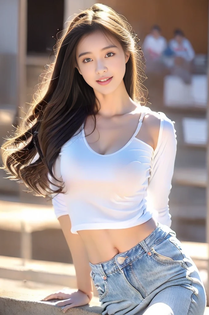 ((Realistic lighting、beste Quality、8K、Master Masterpiece:1.3))、Clear focus:1.2、 a girl、Perfect Body Beauty:1.4、Slim abs:1.1、a whole body、((darkbrown hair、a large breast:1.3))、(Acceleration:1.4)、(al fresco、Daylight:1.1)、View of Waikiki Beach、Palm Tree、slender face、Fine eyes、Double eyelidd、poses of fashion models、Floating hair、T‐shirt、Pendants、