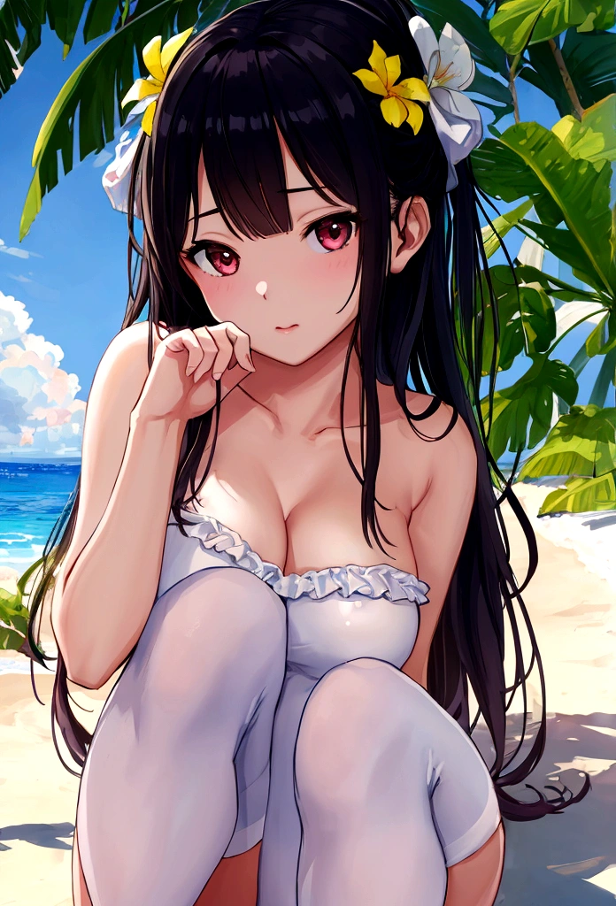 masterpiece、Highest quality、High resolution、Tropical Summer、Swimsuit 2nd place、One Girl、breastsoutside、solo、 outside、Female organ、Knee socks、1 Girl M、cute、Professional Lighting、Excellent image quality、High resolution、1080P、(Bright Face)、(Detailed description of the face)、(Detailed hand description)、(Exquisite CGI)、Extreme light and shadow、