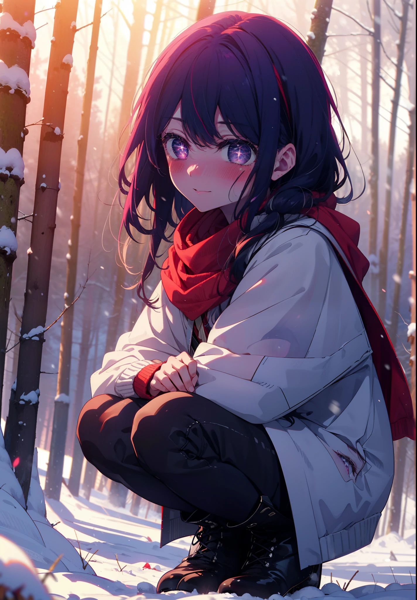 aihoshino, Ai Hoshino, Long Hair, bangs, (Purple eyes:1.1), Purple Hair, (Symbol-shaped pupil:1.5), smile,,smile,blush,White Breath,
Open your mouth,snow,Ground bonfire, Outdoor, boots, snowing, From the side, wood, suitcase, Cape, Blurred, , forest, White handbag, nature, Squat, Mouth closed, Cape, winter, Written boundary depth, Black shoes, red Cape break looking at viewer, Upper Body, whole body, break Outdoor, forest, nature, break (masterpiece:1.2), Highest quality, High resolution, unity 8k wallpaper, (shape:0.8), (Beautiful and beautiful eyes:1.6), Highly detailed face, Perfect lighting, Highly detailed CG, (Perfect hands, Perfect Anatomy),