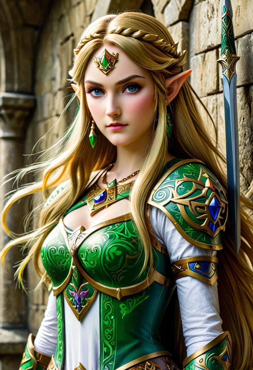 a masterpiece graffiti art paint of Princess Zelda on the wall of a castle, ,Princess Zelda (intense details, Masterpiece, best quality: 1.5), ultra detailed face, ultra feminine, fair skin, exquisite beauty, gold hair, long hair, wavy hair, small pointed ears, dynamic eyes color, wearing heavy green and white armor, shinning metal, armed with elven sword, ais-graffiti