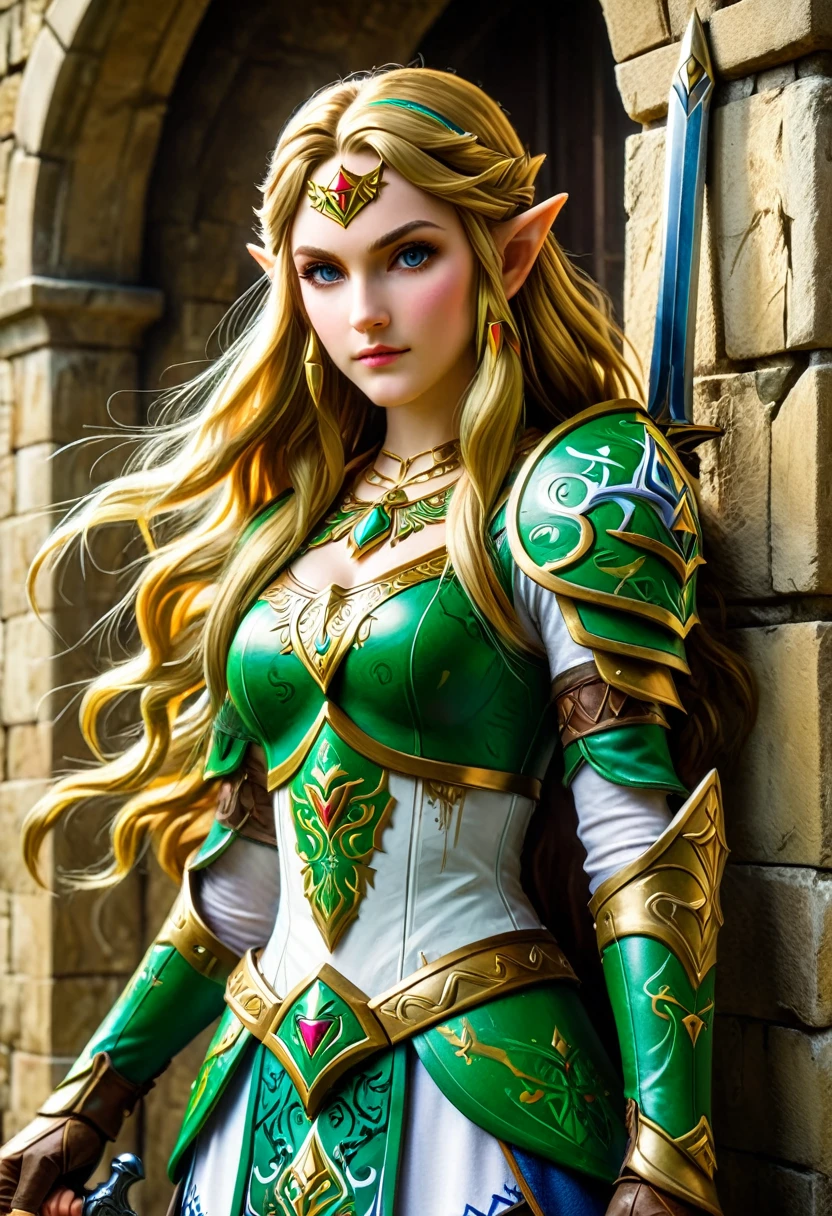 a masterpiece graffiti art paint of Princess Zelda on the wall of a castle, ,Princess Zelda (intense details, Masterpiece, best quality: 1.5), ultra detailed face, ultra feminine, fair skin, exquisite beauty, gold hair, long hair, wavy hair, small pointed ears, dynamic eyes color, wearing heavy green and white armor, shinning metal, armed with elven sword, ais-graffiti