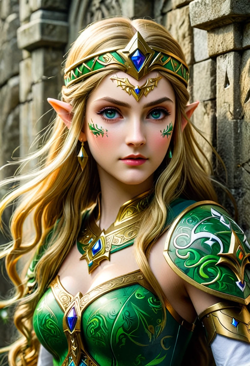 a masterpiece graffiti art paint of Princess Zelda on the wall of a castle, ,Princess Zelda (intense details, Masterpiece, best quality: 1.5), ultra detailed face, ultra feminine, fair skin, exquisite beauty, gold hair, long hair, wavy hair, small pointed ears, dynamic eyes color, wearing heavy green and white armor, shinning metal, armed with elven sword, ais-graffiti