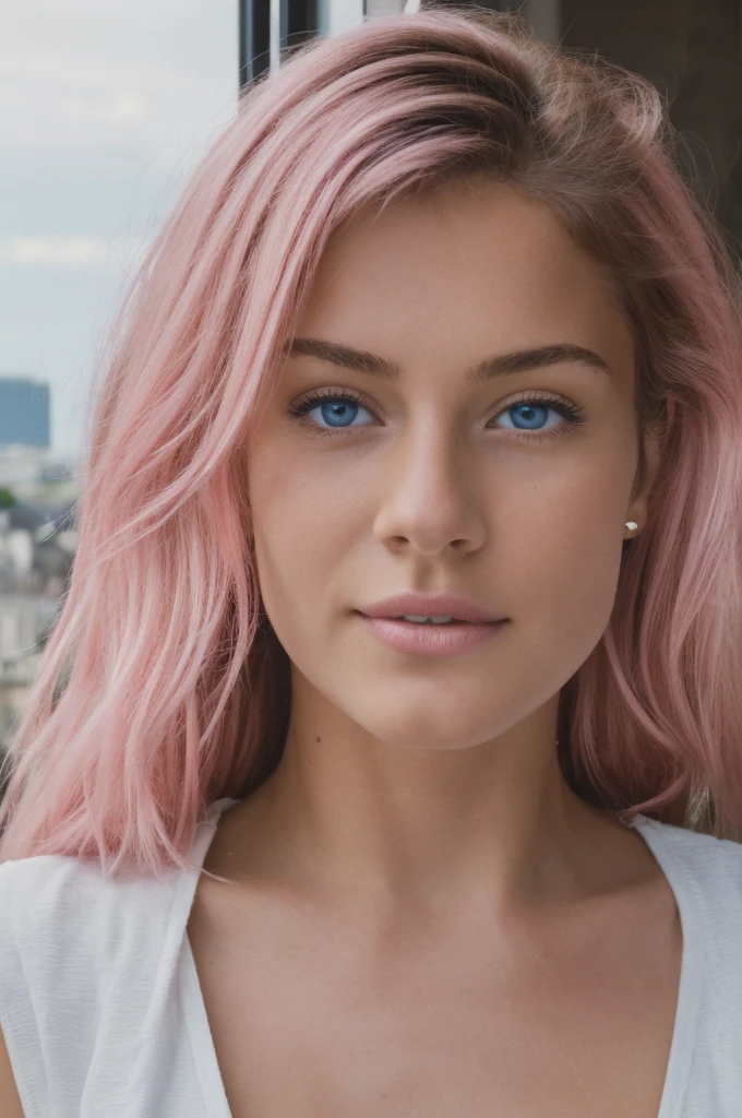 19 year old female, Pink hair, Masterpiece, Realistic, Well formed visual, High quality, Clean clothes, Slender body, Innocent face, Naturally wavy hair, Blue eyes, High resolution, Best quality, Intricate details, Very detailed, Sharp focus, Detailed skin, Realistic skin texture, Texture, Detailed Eyes, Professional, 4k, Charming Smile, Shot on Canon, 85mm, shallow depth of field, Kodak Vision Color, Perfectly aligned body, Very detailed, Photo_\(Ultra\), PhotoRealistisch, Realistic, Post-processing, Maximum Detail, Roughness, Real Life, Ultrarealistic, Photorealism, Photography, 8k UHD, Photography, Sitting in a Cafe overlooking Paris