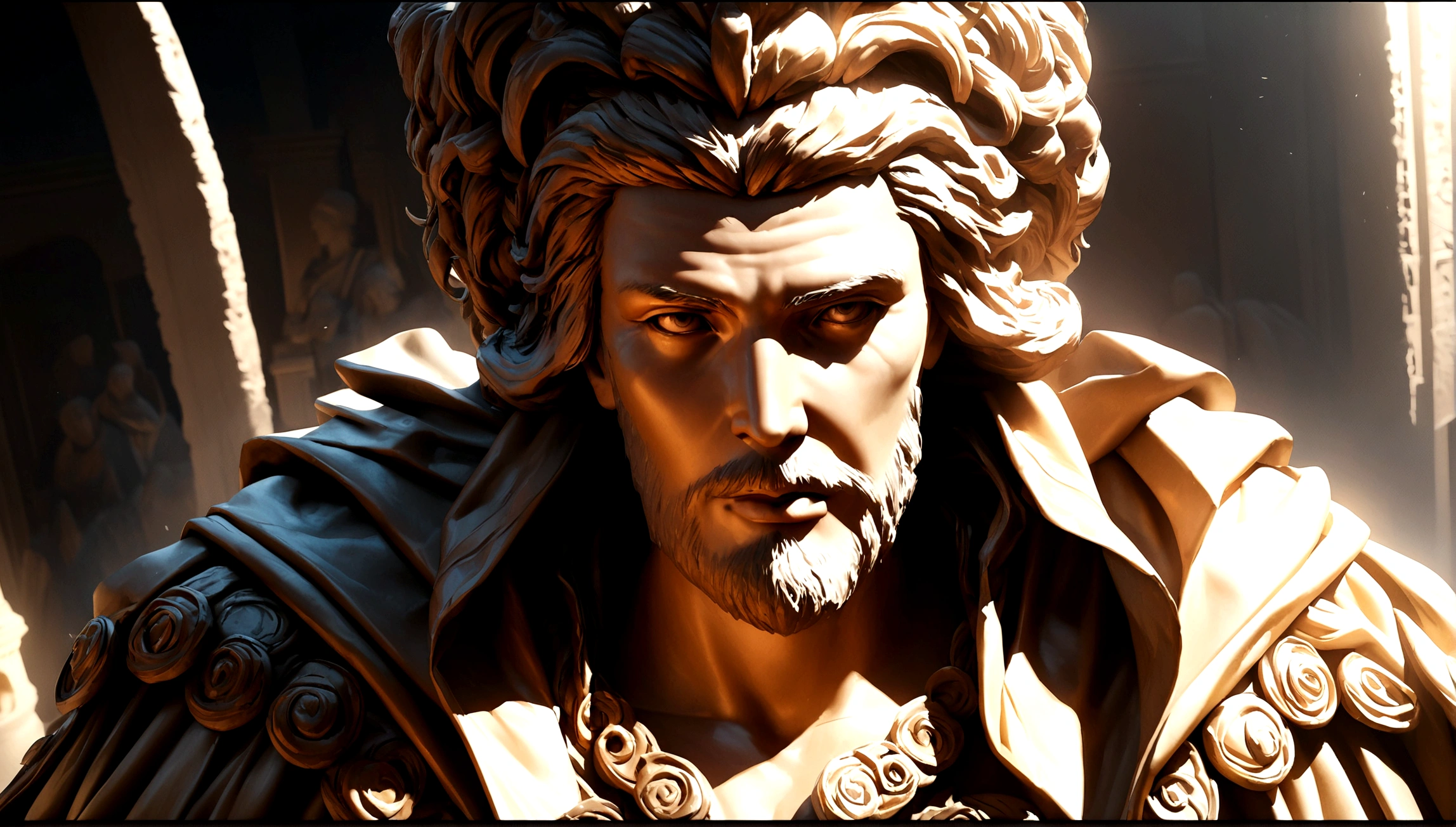 a detailed black and white 4K portrait statue of the stoic emperor Marcus Aurelius, high angle view, photorealistic, realistic skin textures, detailed facial features, intricate robes, dramatic lighting, cinematic composition, museum quality, masterpiece