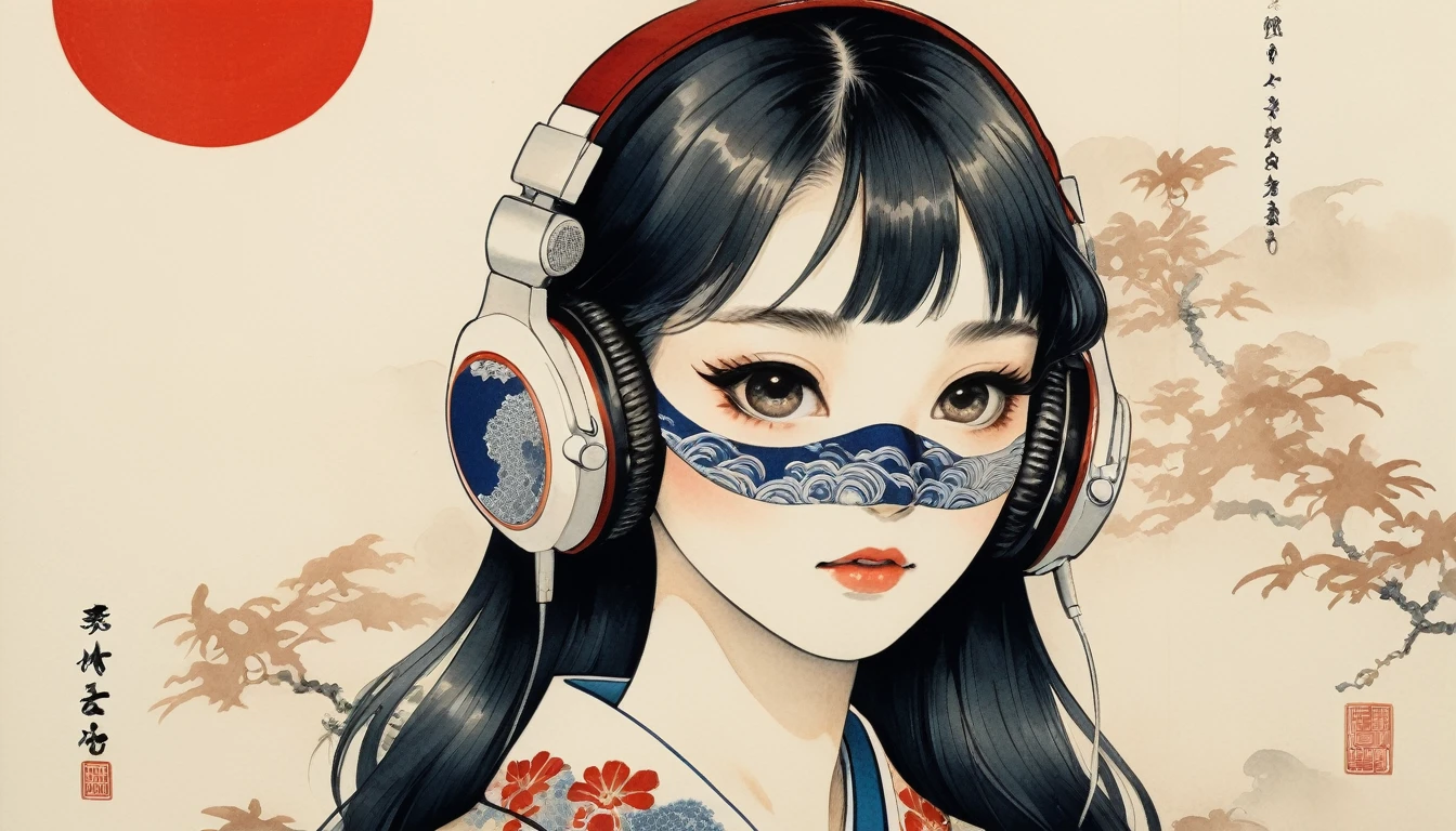 (((Japanese pattern mask))), Highest quality, Katsushika Hokusai, Ink Painting, beautiful girl, Japanese style headphones, Delicate and precise, Modern ukiyo-e style, long hair, Japanese flag