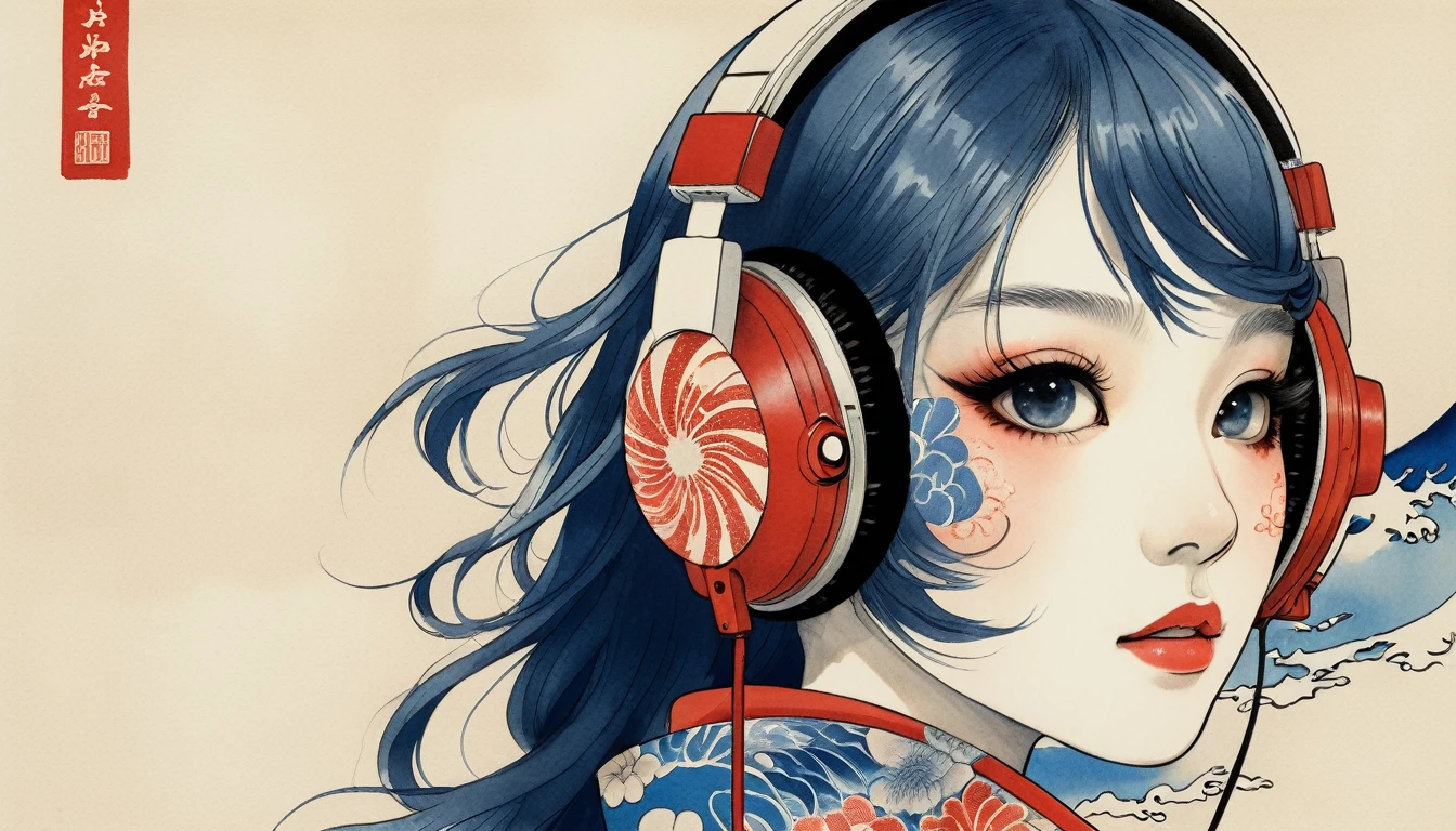 (((Japanese pattern mask))), Highest quality, Katsushika Hokusai, Ink Painting, beautiful girl, Japanese style headphones, Delicate and precise, Modern ukiyo-e style, long hair, Japanese flag