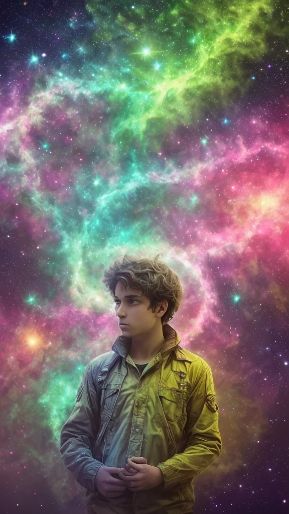 Boy, green, flowers smoke, flower cloudy, inconceivable and spectacular a scene of emergence of a figure from the glowing cloud, fractal nebula threads, cosmic entities, celestial, cosmic, vibrant and vivid, swirls, twirling, unrealistic, high contrast, symobolism, magical, mystical, mystifying, hyperrealistic, oversaturate, colorfully