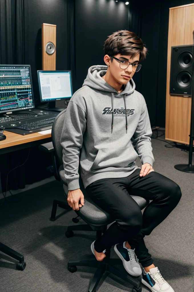 a cartoon character boy wearing a glases grey hoodie and black pants sitting on a chair in a studio