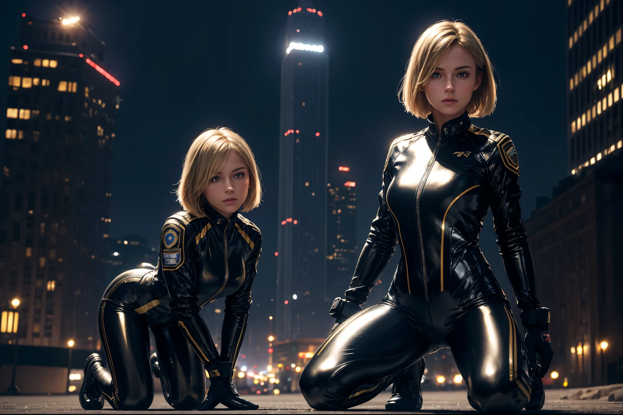 (best quality,4K,8k,high resolution,masterpiece:1.2),Ultra-detailed,(realistic,photorealistic,photo-realistic:1.37), RUSSIAN female fighter with slim physique and small face, cute, 2 girls, 18 years old, Kneeling pose, BLONDE LONG BOB CUT hair, shiny black tight-fitting combat suit with enamel finish, tight suit, gloves, Steel city background, night lighting


