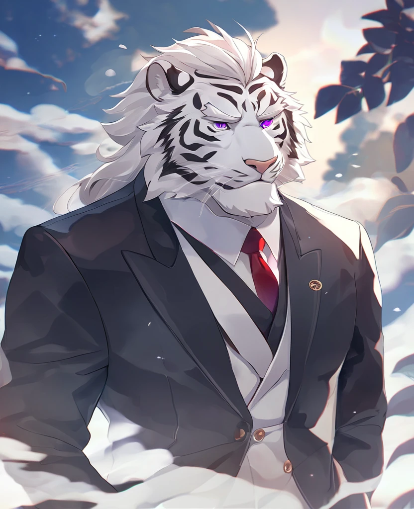 White Tiger，personification，Mature male，Strong Man，White hair，black strips，Cold expression，Purple pupils，White eyebrows，Black suit suit，Red tie，Hands in pockets，The Age of Steam，Sunny Garden。
