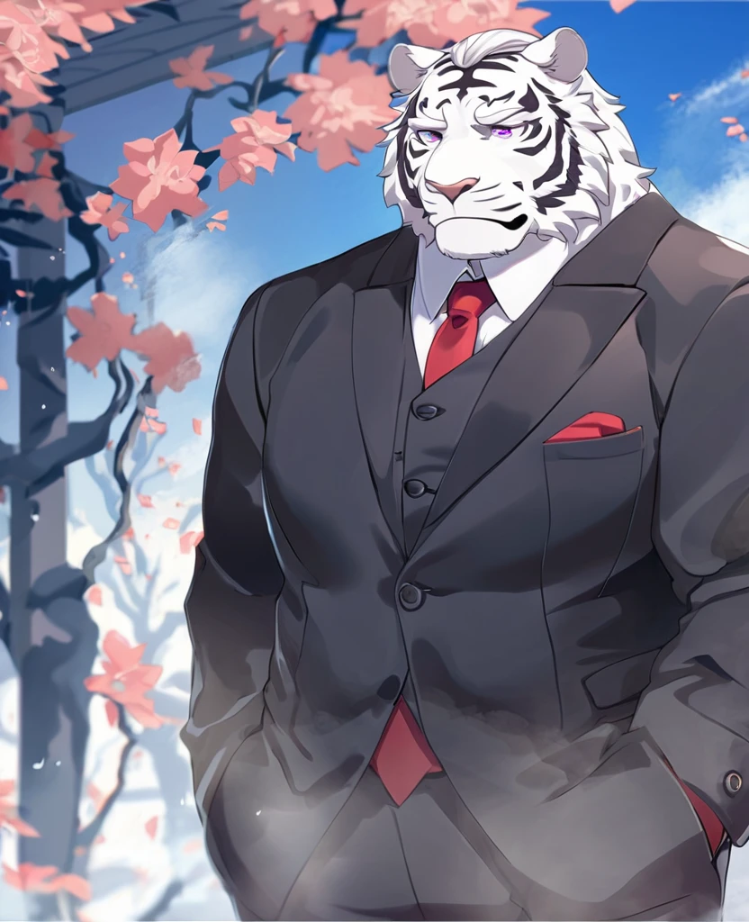 White Tiger，personification， male，Strong Man，White hair，black strips，Cold expression，Purple pupils，White eyebrows，Black suit suit，Red tie，Hands in pockets，The Age of Steam，Sunny Garden。