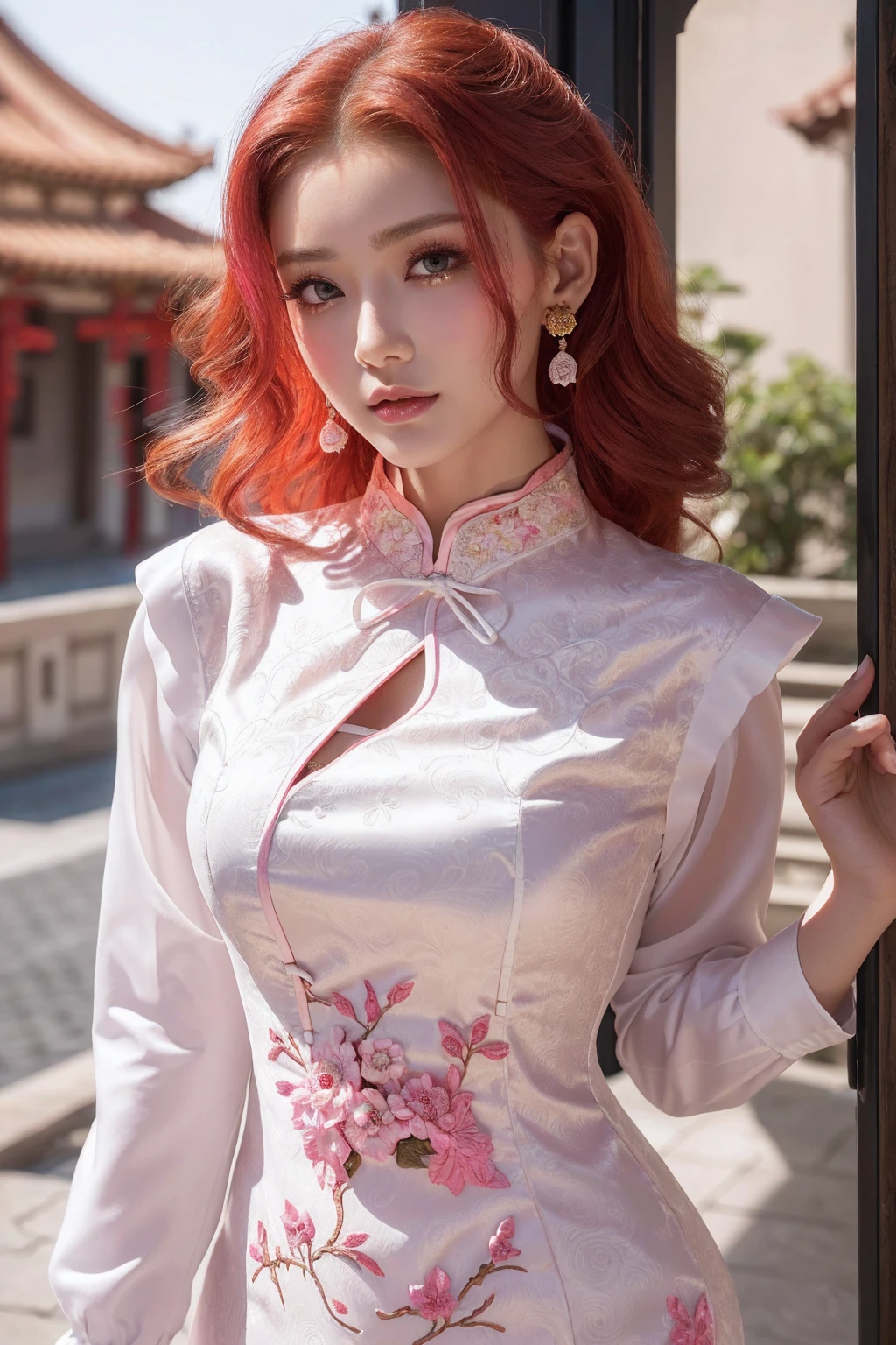 (8K, top-quality, masterpiece:1,2), (reallistic, Photorealsitic:1.37), Super Detail, One girl,), (Highly detailed), (beautifully detailed eyes), (of the highest quality), (super detailed ), (masterpiece), (Detailed face),20yr old, ,1 girl, ((pink hair,Very short hair)), medium breasts, clothed, Perfect Lighting, BREAK (white ao dai with sexy neckline:1.5),(fit and flare silhouette:1.3), (pink embroidery and floral design:1.4), (lace stockings:1.3), (red high heels with straps:1.4), (gold choker and earrings:1.3), (thin gold bracelets:1.2), BREAK hair swept to the left, gentle smile, right hand opening lace cover-up, left hand lifting skirt hem, blurred Vietnamese street background, sunset light from right side
