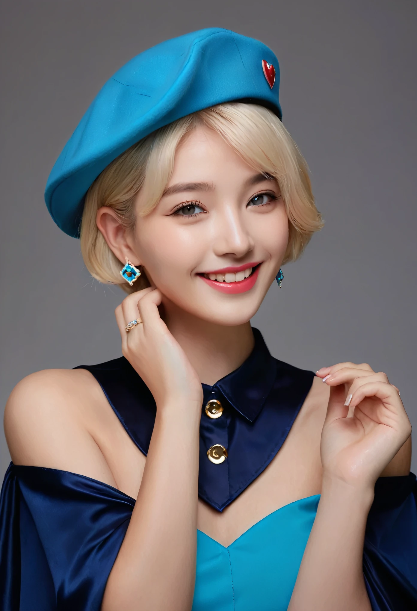 Fajogeno-style, masterpiece, Highest quality, One girl, 21 years old, smile, Pink Lips, Aqua Eye, Blue Beret, Blonde, Mouth closed, Earrings, Have, gem Earrings, jewelry, View your viewers, mini skirt, shirt, Blue Cape, short hair, alone, Cowboy Shot, Place your hands behind your head, 薄dark, dark, High Contrast, Caustics 