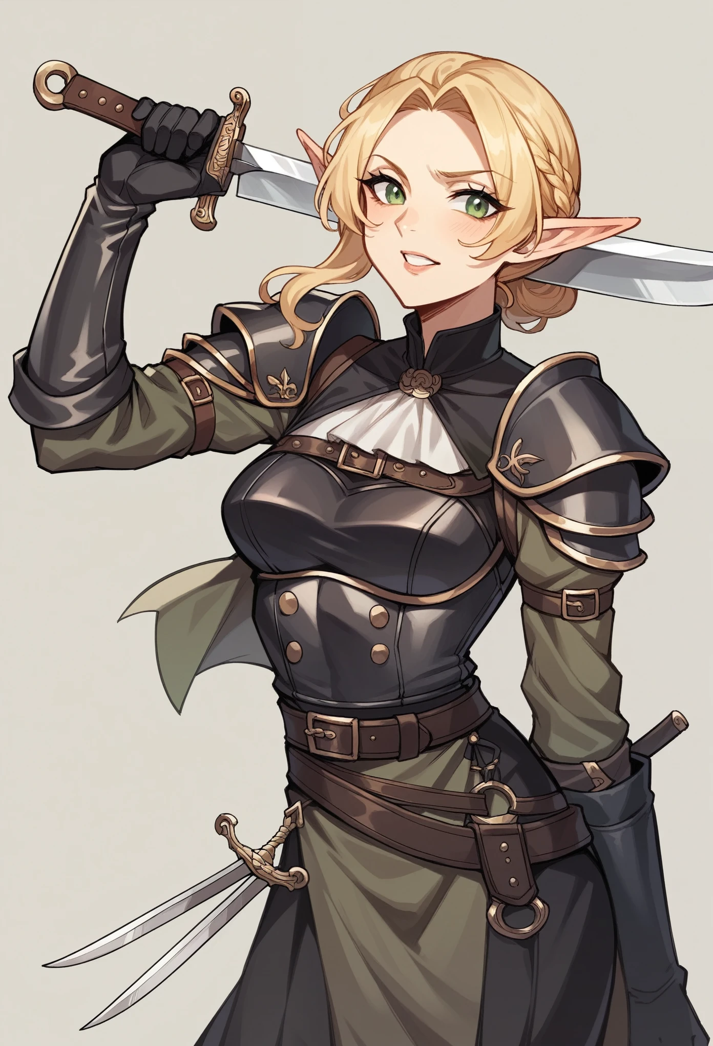 The -yeld eleroine has striking blonde hair that is gathered into a short tousled hairstyle around her face. Her slim build gives her a flexible and agile look. She is dressed in the rough dark clothes of a medieval fantasy highwayman complete with protective black leather armor. The gleam of throwing knives strapped to her belt.