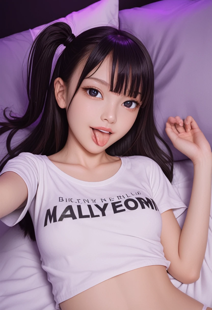 pastel colors t-shirt,off-shoulder look,bare shoulder,ollarbone,midriff peek,string panties,(open mouth:1.5),(tongue out:2),lying,Selfie,front view,upper body,(1girl,Beautiful  girl),((Slender,Small breasts,Small face,)),(looking at viewer),Black Hair,bangs,one side up,Beautiful and detailed,(Dimly lit room:1.5),Simple Background,White bed,pillow,Mischievous smile
