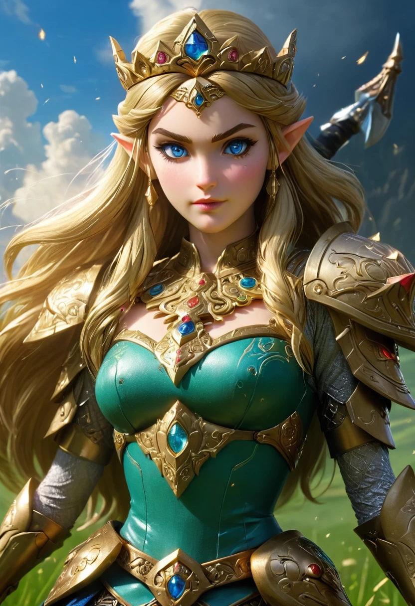high details, best quality, 16k, [ultra detailed], masterpiece, best quality, (extremely detailed), full body, ultra wide shot, photorealistic, , fantasy art, dnd art, rpg art, realistic art, a wide angle, (((anatomically correct))) a wallpaper of an Princess Zelda, ready for battle with her mount (intense details, Masterpiece, best quality: 1.5),Princess Zelda (intense details, Masterpiece, best quality: 1.5), ultra detailed face, ultra feminine, fair skin, exquisite beauty, gold hair, long hair, wavy hair, small pointed ears, dynamic eyes color, wearing heavy mech armor, shinning metal, armed with elven sword, green meadows, blue skies background and some clouds background depth of field (intricate details, Masterpiece, best quality: 1.5), full body (intricate details, Masterpiece, best quality: 1.5), high details, best quality, highres, ultra wide angle, Mechanical Creatures