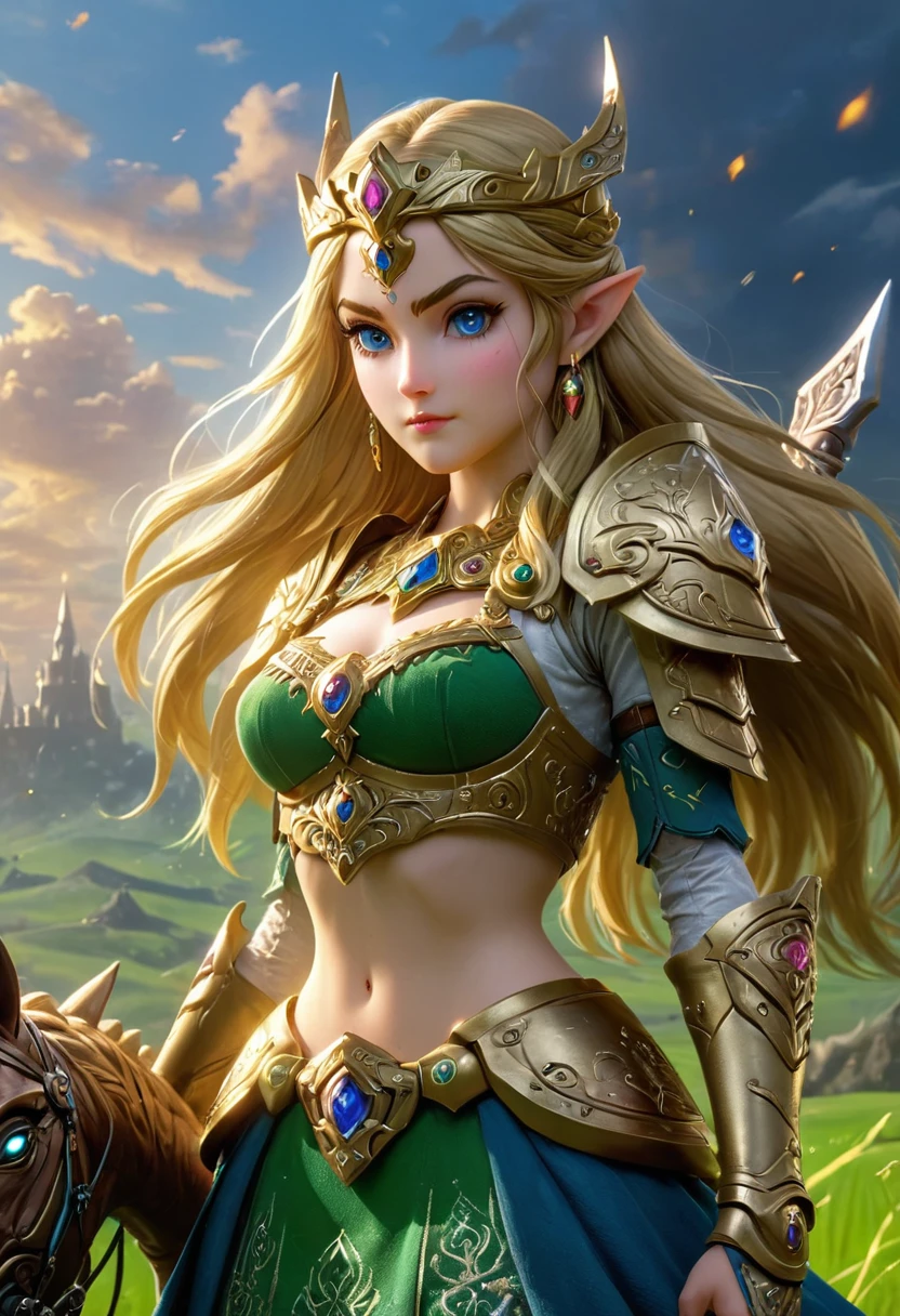 high details, best quality, 16k, [ultra detailed], masterpiece, best quality, (extremely detailed), full body, ultra wide shot, photorealistic, , fantasy art, dnd art, rpg art, realistic art, a wide angle, (((anatomically correct))) a wallpaper of an Princess Zelda, ready for battle with her mount (intense details, Masterpiece, best quality: 1.5),Princess Zelda (intense details, Masterpiece, best quality: 1.5), ultra detailed face, ultra feminine, fair skin, exquisite beauty, gold hair, long hair, wavy hair, small pointed ears, dynamic eyes color, wearing heavy mech armor, shinning metal, armed with elven sword, green meadows, blue skies background and some clouds background depth of field (intricate details, Masterpiece, best quality: 1.5), full body (intricate details, Masterpiece, best quality: 1.5), high details, best quality, highres, ultra wide angle, Mechanical Creatures