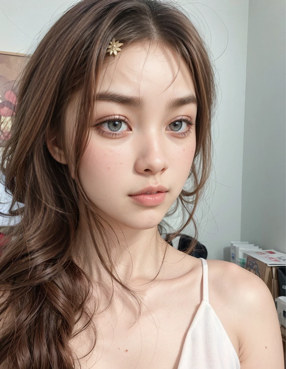 Jang Won-young from IVE with light blonde hair, blonde hair with wavy, wavy blonde hair, with small fringes, black eyes, upturned and pretty nose, thick lips, Cupid and heart shaped lips.., pink lips, pale, White skin, nice and soft skin, with freckles and moles, pretty eyebrows, marked and beautiful clavicle, while he has a polo shirt with red roses, dark red, with women' underwear, slim and beautiful abdomen, bare neckline, (big breasts, soft breasts, natural breasts, bare neckline), while holding a rose, looking to the camera, autophoto