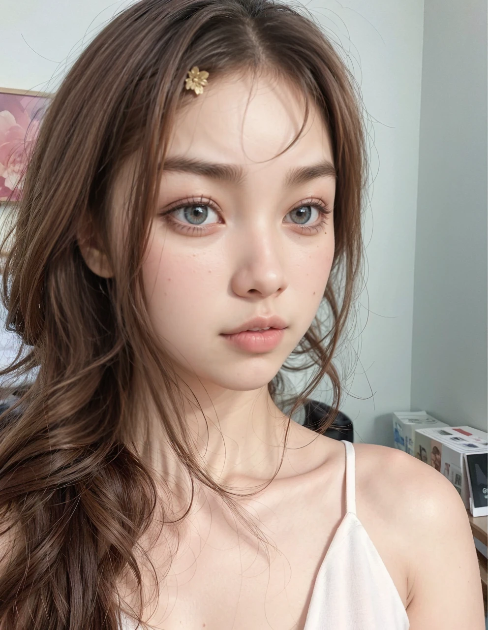 Jang Won-young from IVE with light blonde hair, blonde hair with wavy, wavy blonde hair, with small fringes, black eyes, upturned and pretty nose, thick lips, Cupid and heart shaped lips.., pink lips, pale, White skin, nice and soft skin, with freckles and moles, pretty eyebrows, marked and beautiful clavicle, while he has a polo shirt with red roses, dark red, with women' underwear, slim and beautiful abdomen, bare neckline, (big breasts, soft breasts, natural breasts, bare neckline), while holding a rose, looking to the camera, autophoto