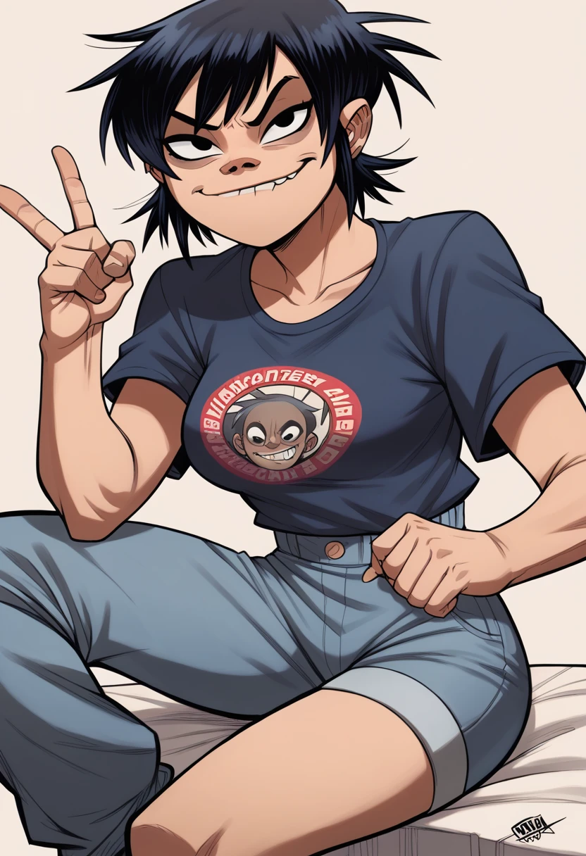 noodlegorillaz, best quality, masterpiece, super high resolution, absurdes, perfect anatomy, 1girl, black hair, black eyes, breasts, short hair, smug, v-shaped eyebrows