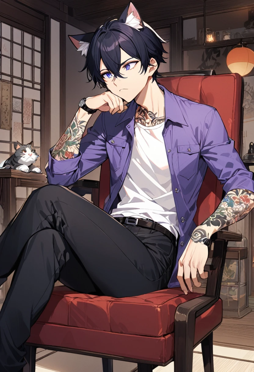 1man, short black hair, cat ears, bright blueviolet eyes, wearing a blueviolet casual jacket, wearing a white undershirt, wearing black pants , wearing a vintage blueviolet watch, thinking pose, japanese style tattoos, tattoos all over the arms, sitting in chair