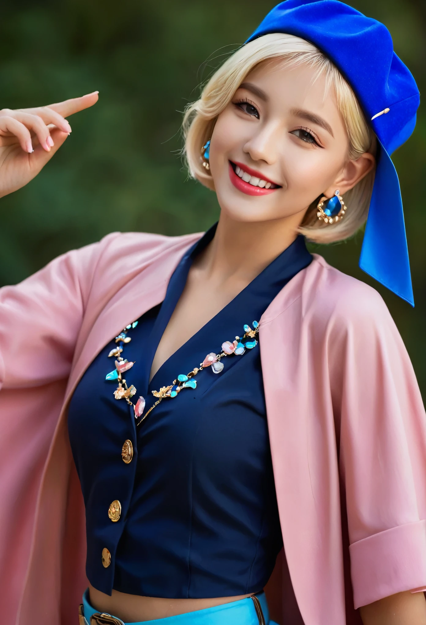 Fajogeno-style, masterpiece, Highest quality, One girl, 21 years old, smile, Pink Lips, Aqua Eye, Blue Beret, Blonde, Mouth closed, Earrings, Have, gem Earrings, jewelry, View your viewers, mini skirt, shirt, Blue Cape, short hair, alone, Cowboy Shot, Place your hands behind your head, 薄dark, dark, High Contrast, Caustics 