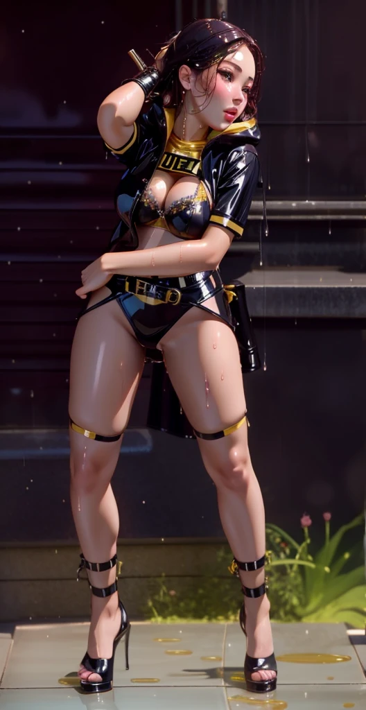 1 Girl, Full body, standing, Ultra high realistic, Detailed face, (Blushing:1.3), Wet skin, Latex bra, Latex hot skirt, Ahegao face, beautiful breasts, body details, Oil skin 