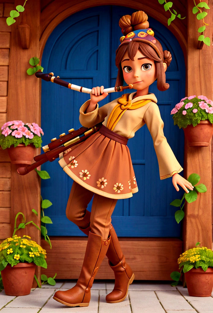 CREATE A DISNEY PIXER STYLE CHARACTER WITH A BROWN DRESS WITH SLEEVES, Brown pants, brown boots, BROWN BALACLAVA AND FLOWERS ON THE HEAD, AND A BUN ON THE HEAD WITH A FLUTE IN HAND