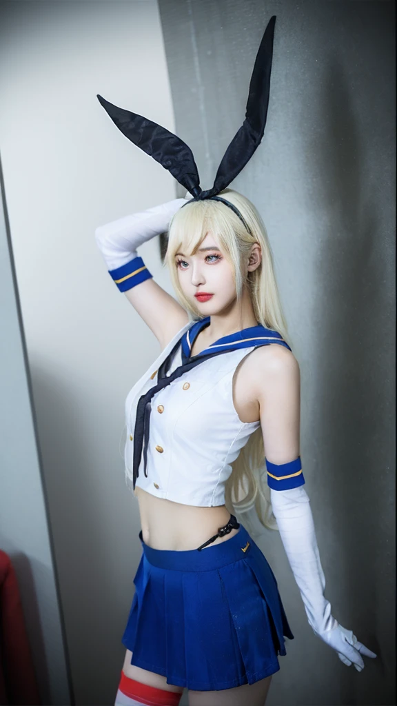 shimakaze,shimakaze \\(kancolle\\),elbow gloves,striped thighhighs,blue pleated skirt,boots,Blonde,20-year-old, 8K, RAW Portrait (Japanese Girls), photo Realistic, Ultra-high resolution, Highest quality, Actual photo , dramatic, Atmospheric, Realistic,One girl, a very beautiful Japanese Girls, Glamorous shot of a girl, Textured skin, Mouth closed, lips,Big and beautiful eyes, Beautifully detailed nose, Upper Body,Seaside,Big Breasts,
View your viewers,