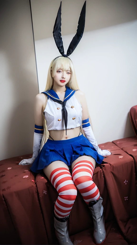 shimakaze,shimakaze \\(kancolle\\),elbow gloves,striped thighhighs,blue pleated skirt,boots,Blonde,20-year-old, 8K, RAW Portrait (Japanese Girls), photo Realistic, Ultra-high resolution, Highest quality, Actual photo , dramatic, Atmospheric, Realistic,One girl, a very beautiful Japanese Girls, Glamorous shot of a girl, Textured skin, Mouth closed, lips,Big and beautiful eyes, Beautifully detailed nose, Upper Body,Seaside,Big Breasts,
View your viewers,