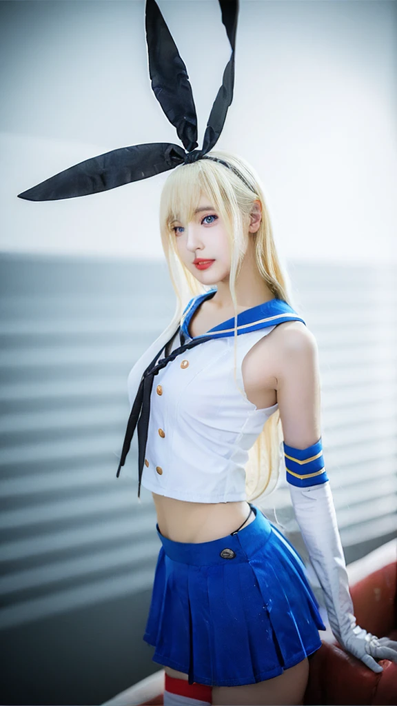 shimakaze,shimakaze \\(kancolle\\),elbow gloves,striped thighhighs,blue pleated skirt,boots,Blonde,20-year-old, 8K, RAW Portrait (Japanese Girls), photo Realistic, Ultra-high resolution, Highest quality, Actual photo , dramatic, Atmospheric, Realistic,One girl, a very beautiful Japanese Girls, Glamorous shot of a girl, Textured skin, Mouth closed, lips,Big and beautiful eyes, Beautifully detailed nose, Upper Body,Seaside,Big Breasts,
View your viewers, 