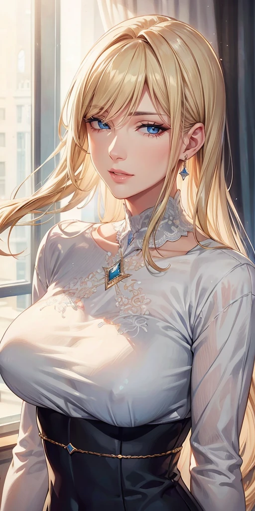 Elegant mature woman, milf, blue eyes, blonde hair, soft light, high detailed, 4k resolution, high quality, beautiful cg