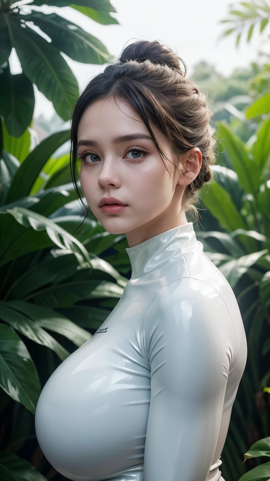 perfect face, beautiful girl, updo hairstyle, tight latex suit, white latex, latex full body, cinematic lightning, jungle background, huge breasts, face facing forward, facing viewer, 8k, high resolution, UHD, realistic, realistic