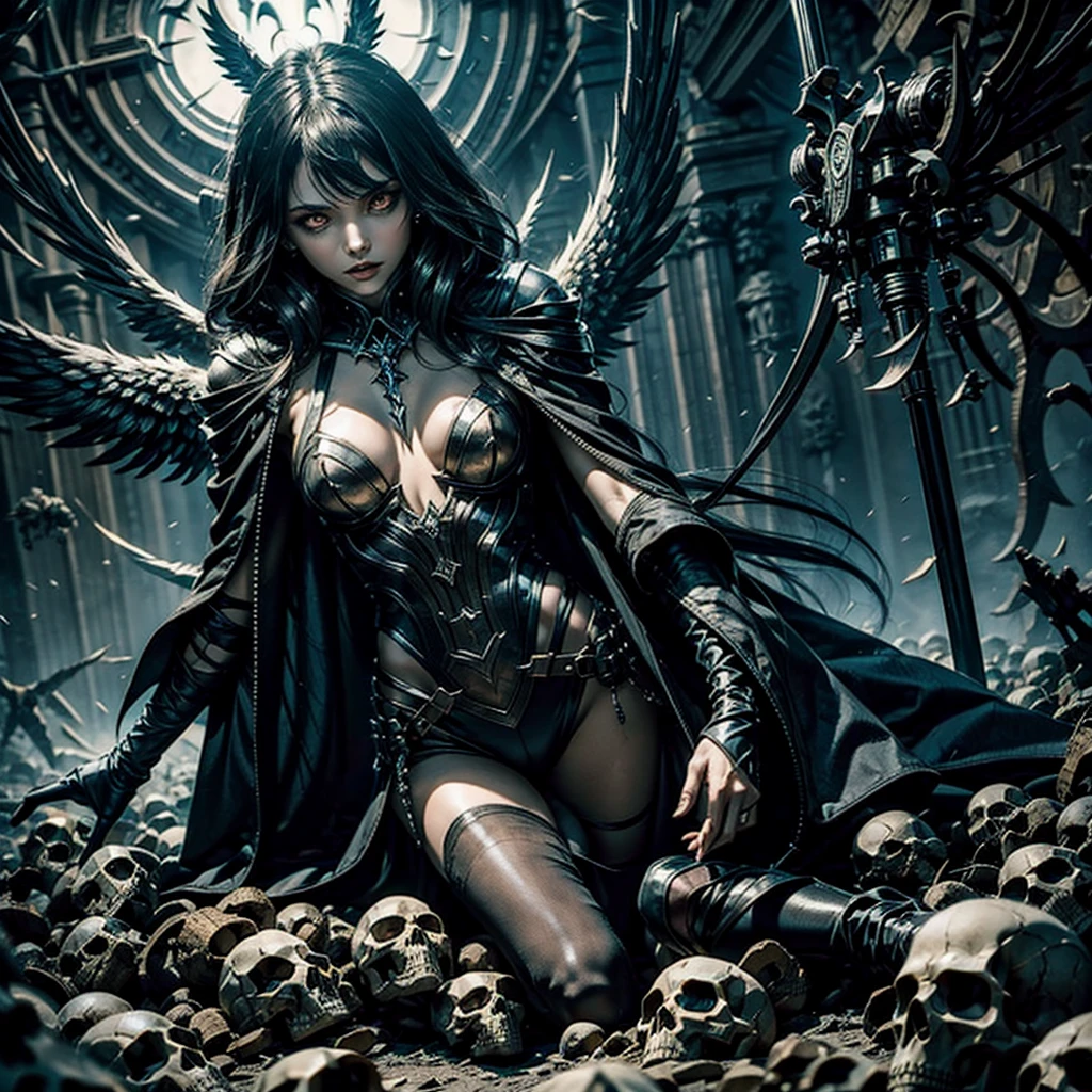 A female angel of death with illuminated eyes flying in the air, a pile of skulls on the ground