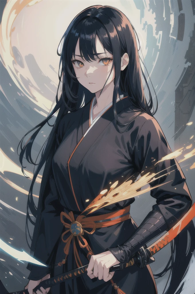high resolution, Highest quality, illustration, Extremely detailed, (Delicate face), (Delicate eyes), light, best quality, Ultra Detailed, masterpiece, 1 Girl, Solitary,Black katana,Light blue long hair,Pale orange eyes,Black samurai suit,White band,Victory,Black notes,night,Japanese style,Mature